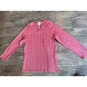 Quacker Factory Sweater Large Pink Metallic Beaded V-Neck Pointelle Knit Womens